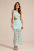 Front view of model wearing mint one-shoulder cutout lace maxi dress