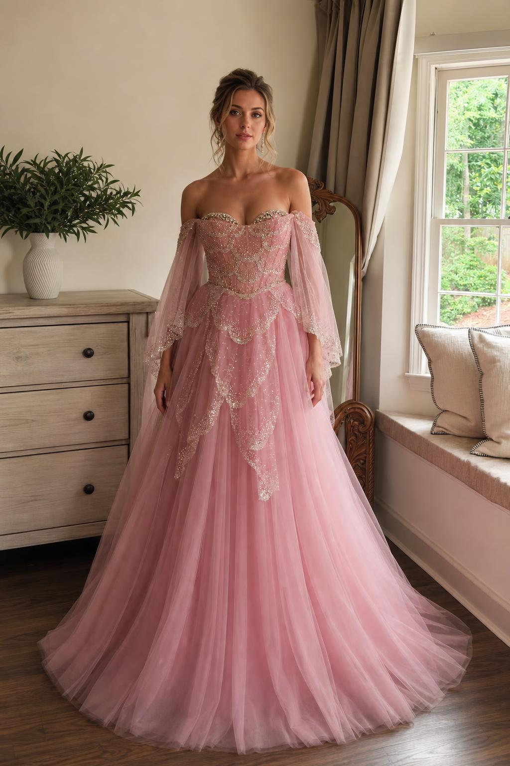 Pink off-the-shoulder beaded tulle ball gown front view