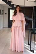Elegance Cape Overlay Mock Neck Maxi Dress in Pink front view