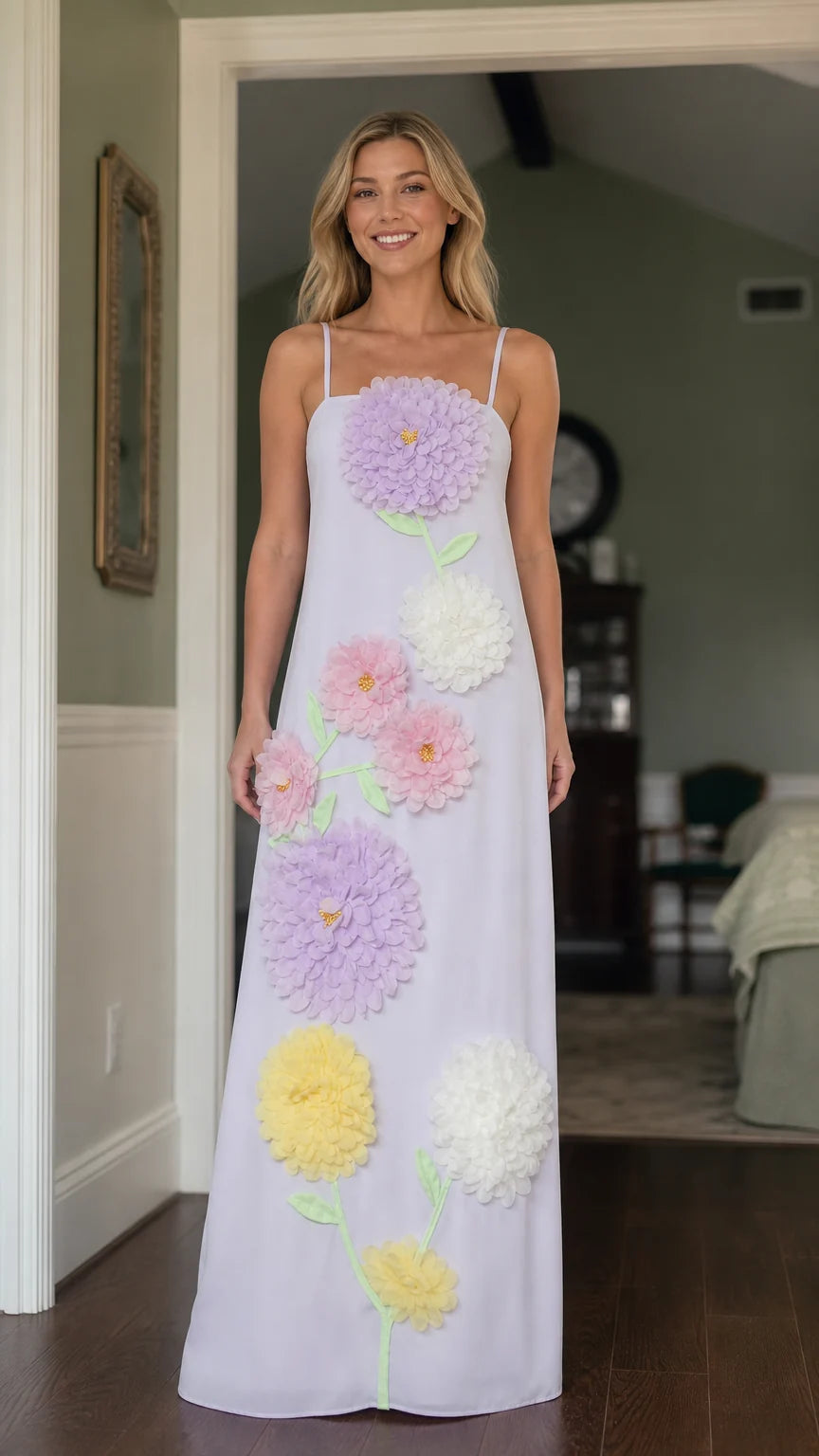 Front view of model wearing Lilac 3D floral maxi dress