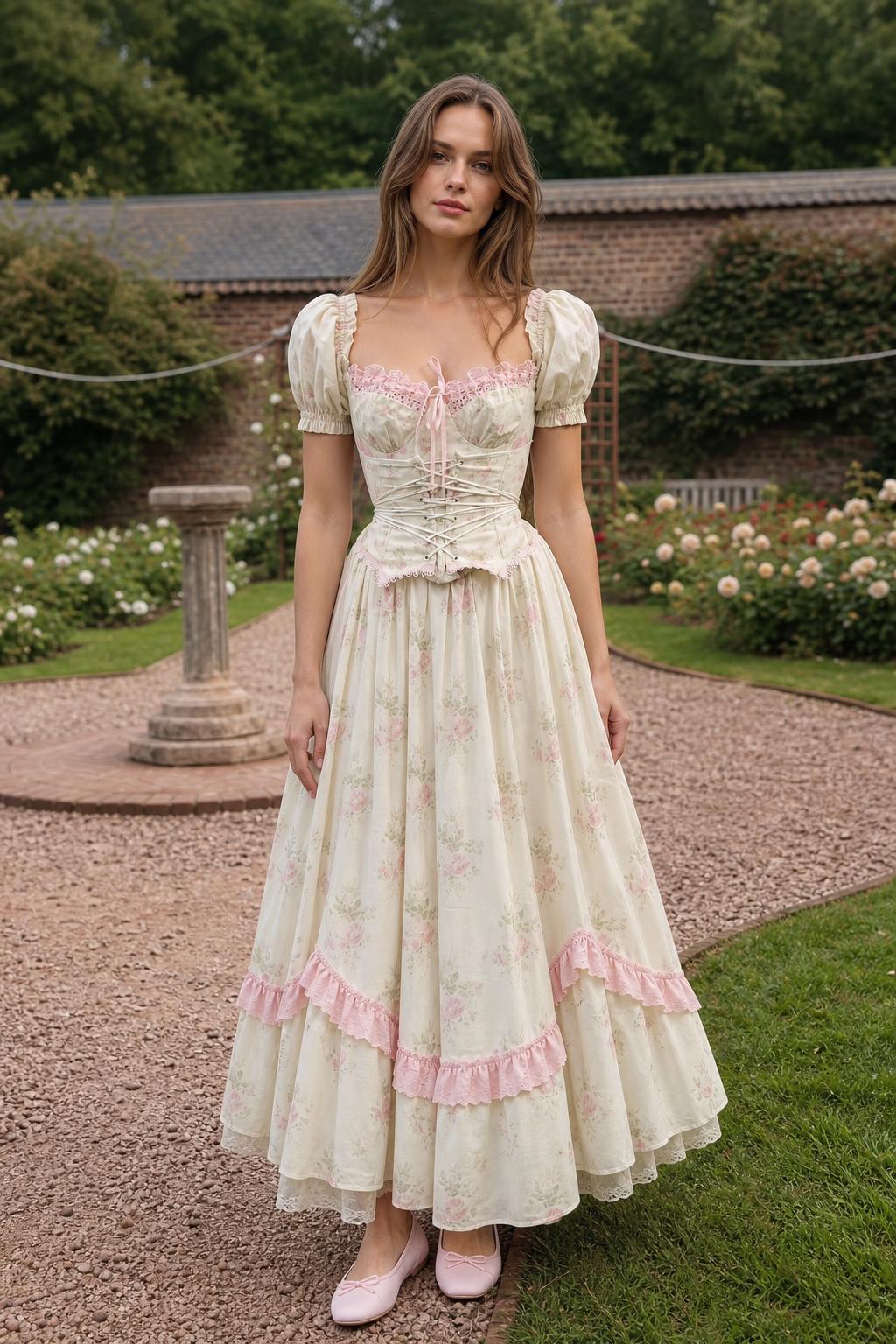 Full-length front view of cream floral corset maxi dress