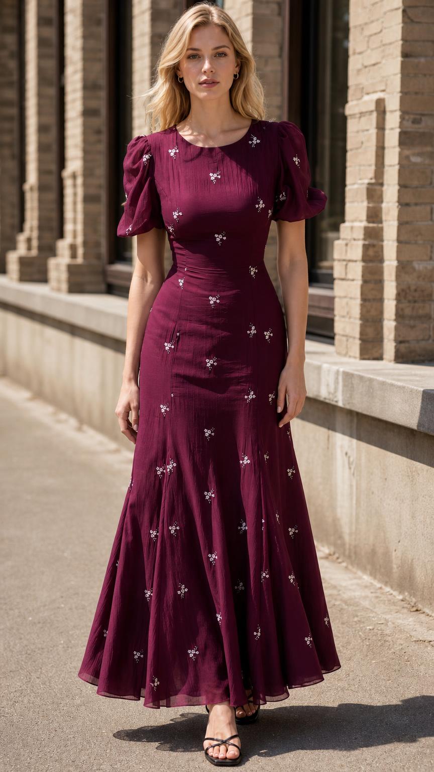 Front view of burgundy floral embroidered maxi dress