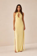 Front view of model wearing yellow braided trim keyhole maxi dress