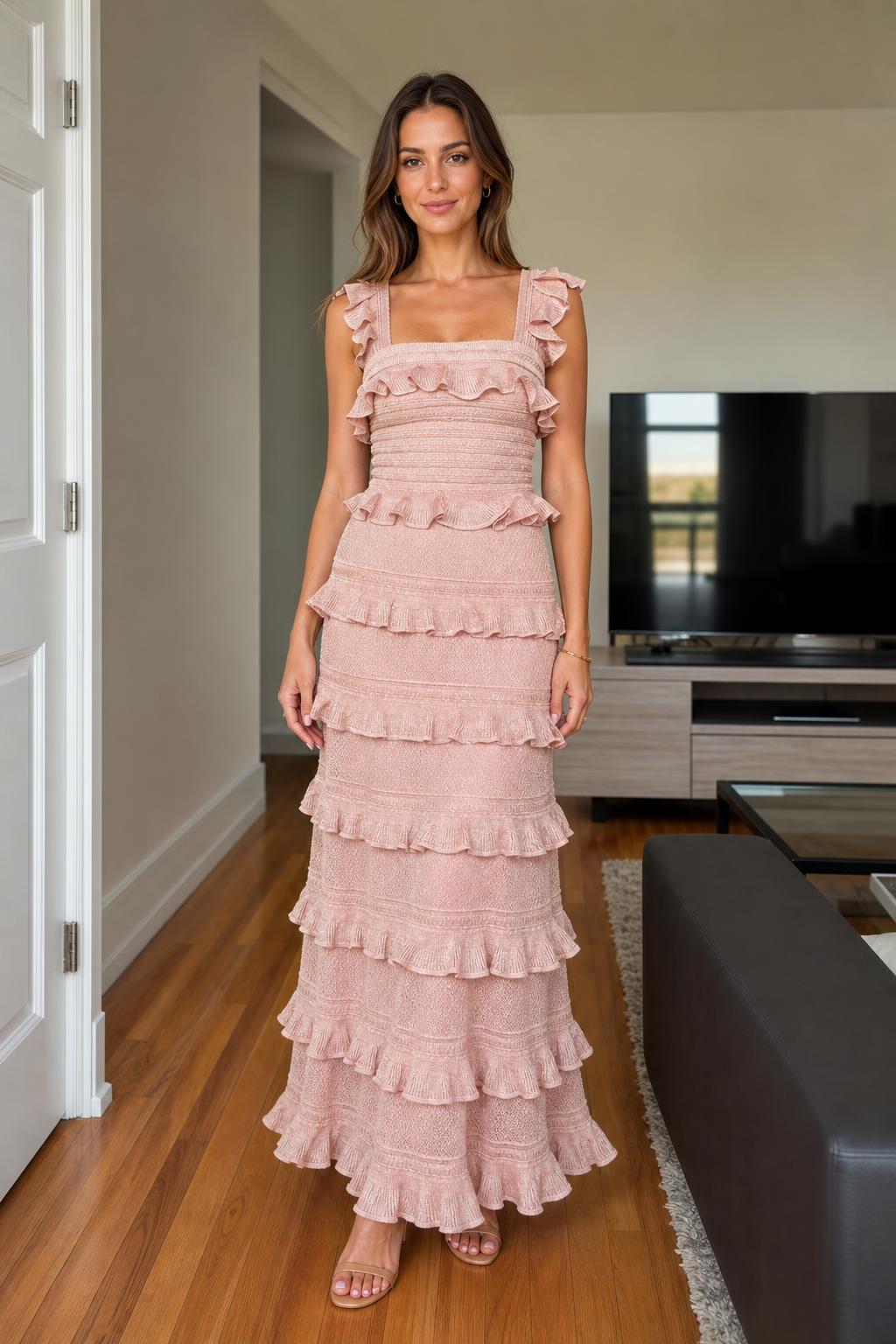 Front view of Dusty Pink ruffled tiered knit maxi dress
