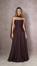 Front view of model wearing espresso brown strapless evening dress with matching scarf