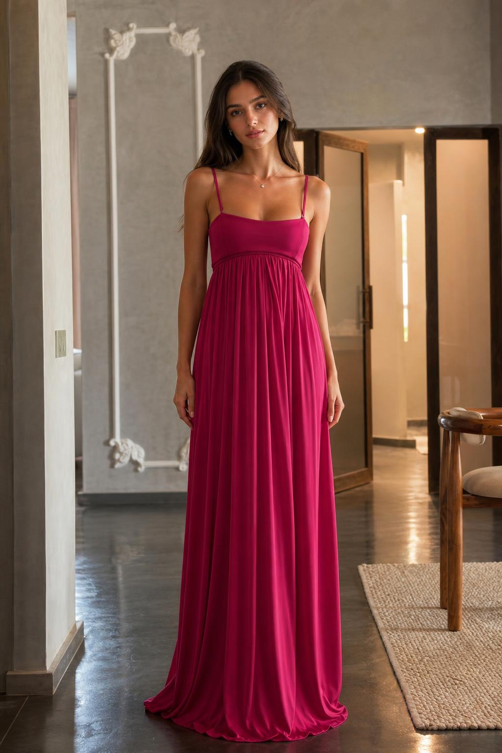 Front view of model wearing fuchsia spaghetti strap maxi dress