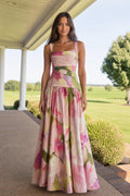 Front view of model wearing pink floral print square neck sleeveless maxi dress