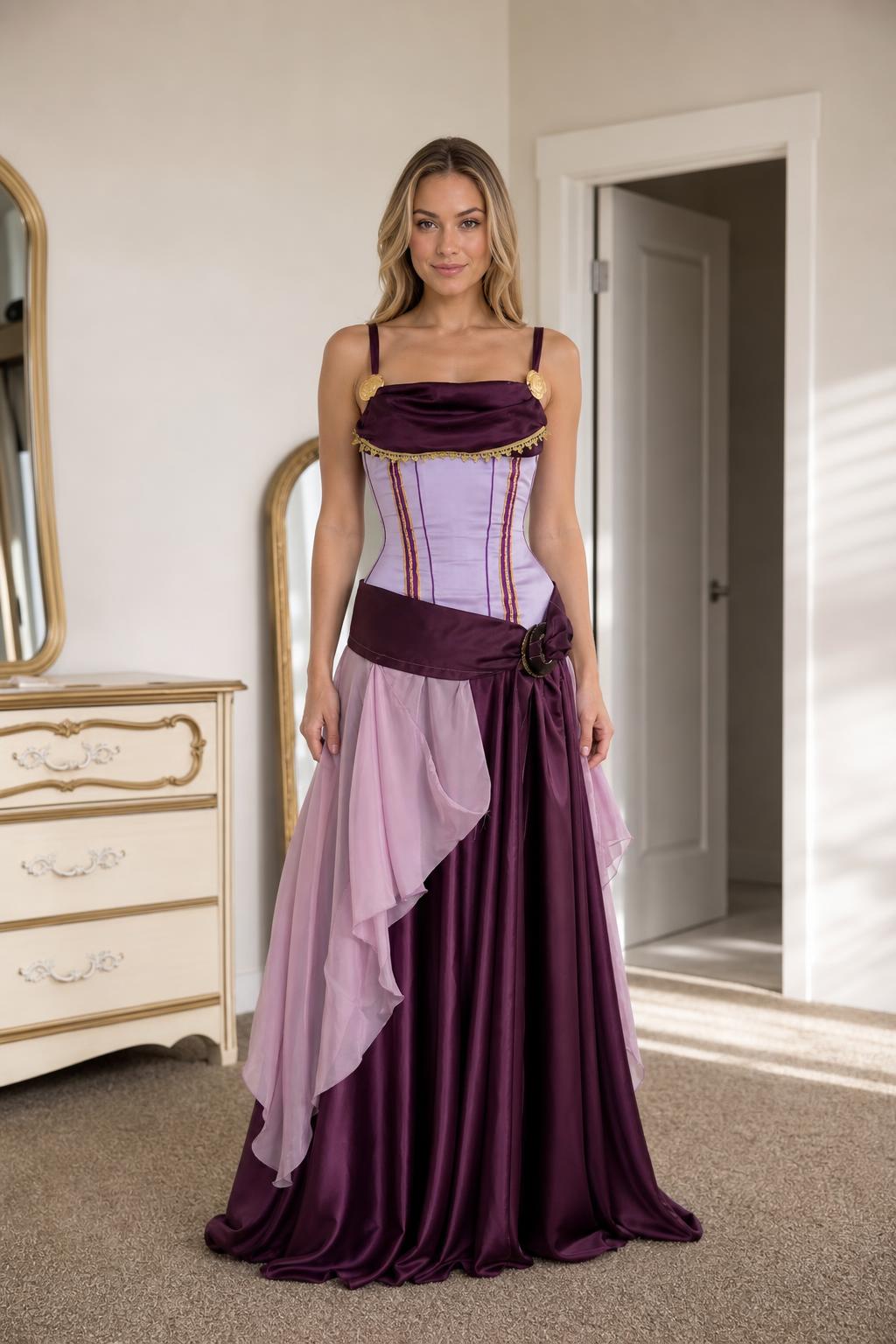 Renaissance medieval corset maxi dress in purple front view