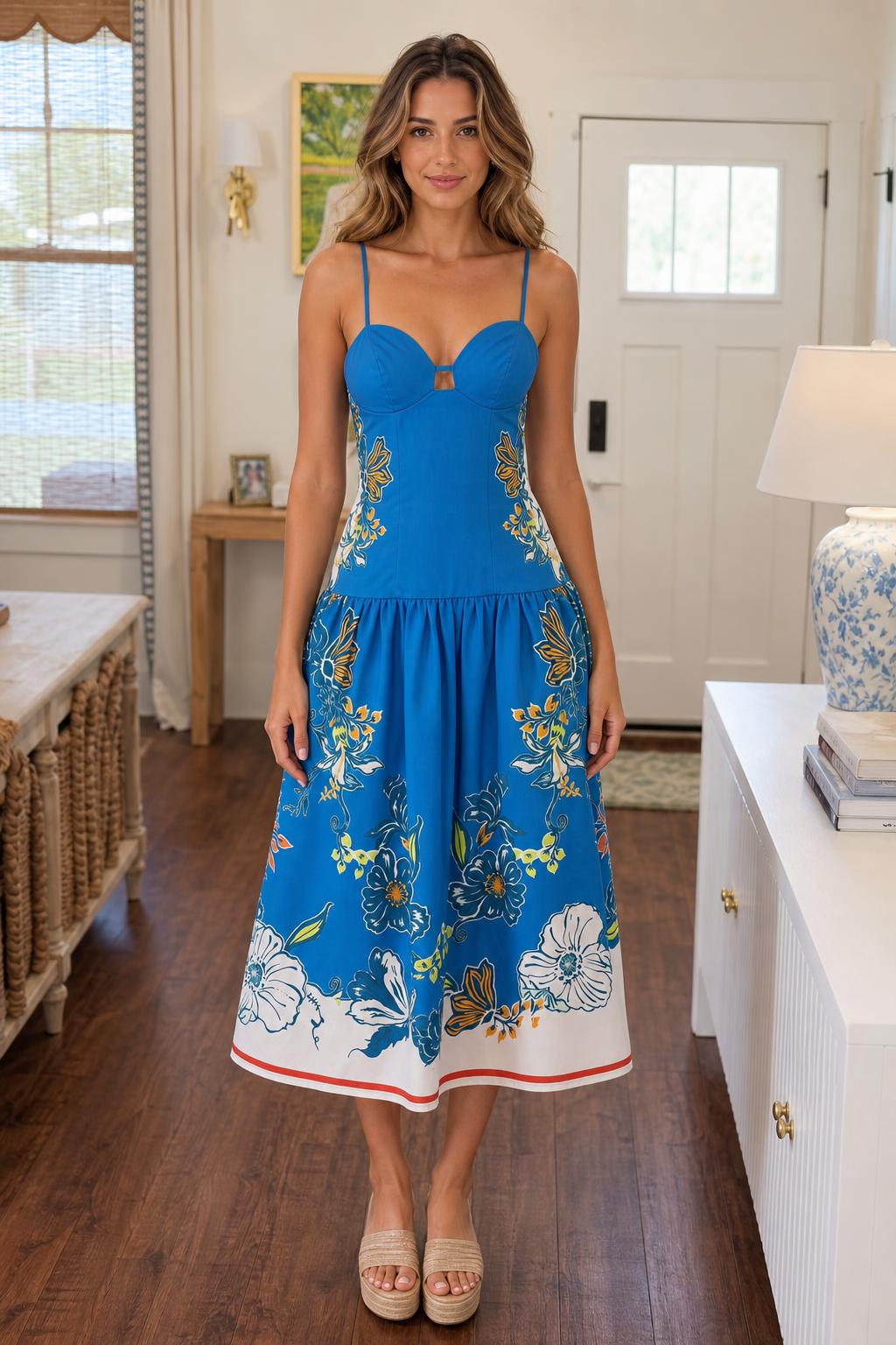 Floral Print Bustier Midi Dress in Blue front view