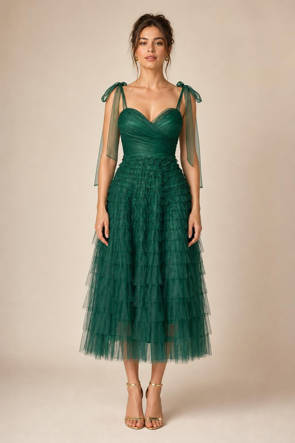 Ethereal Tiered Tulle Midi Dress in Emerald Green front view