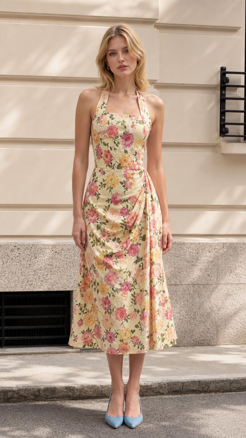 Front view of model wearing yellow floral halter midi dress