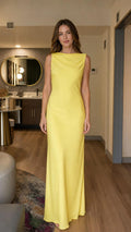 Front view of yellow cowl neck maxi dress