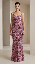 Front view of pink leopard print maxi dress