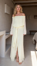 Front view of yellow off-the-shoulder chiffon maxi dress