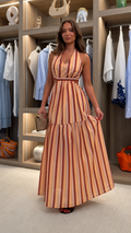 Apricot striped halter neck tiered maxi dress front view