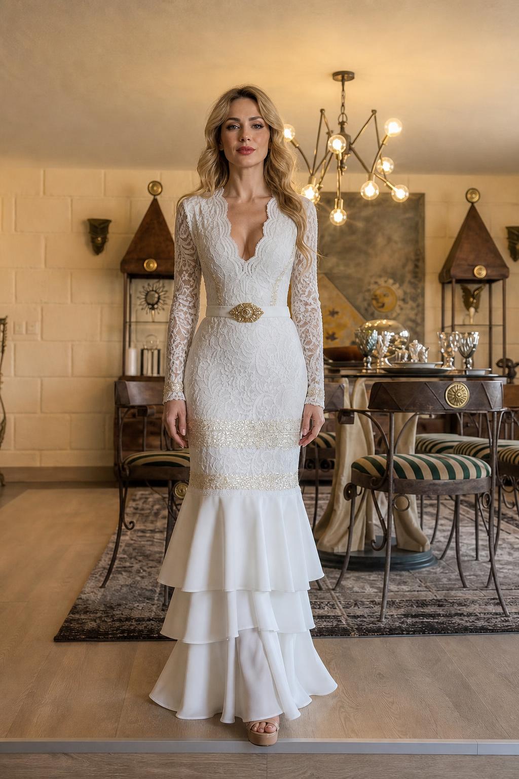 Front full view of elegant white lace long-sleeve mermaid maxi dress