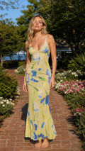 Front view of yellow floral slip maxi dress
