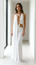 Front view of woman wearing white elegance drape halter cutout maxi dress