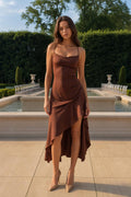Front view of brown cowl neck high-low satin slip dress