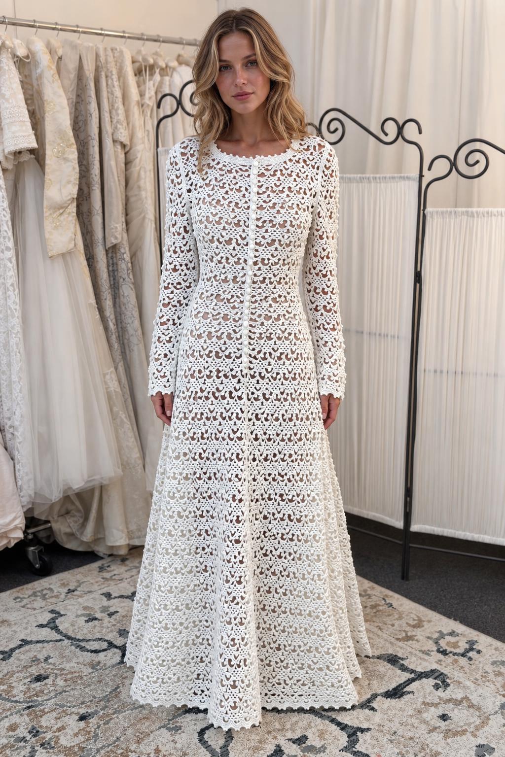 Front view of woman wearing white crochet lace maxi dress