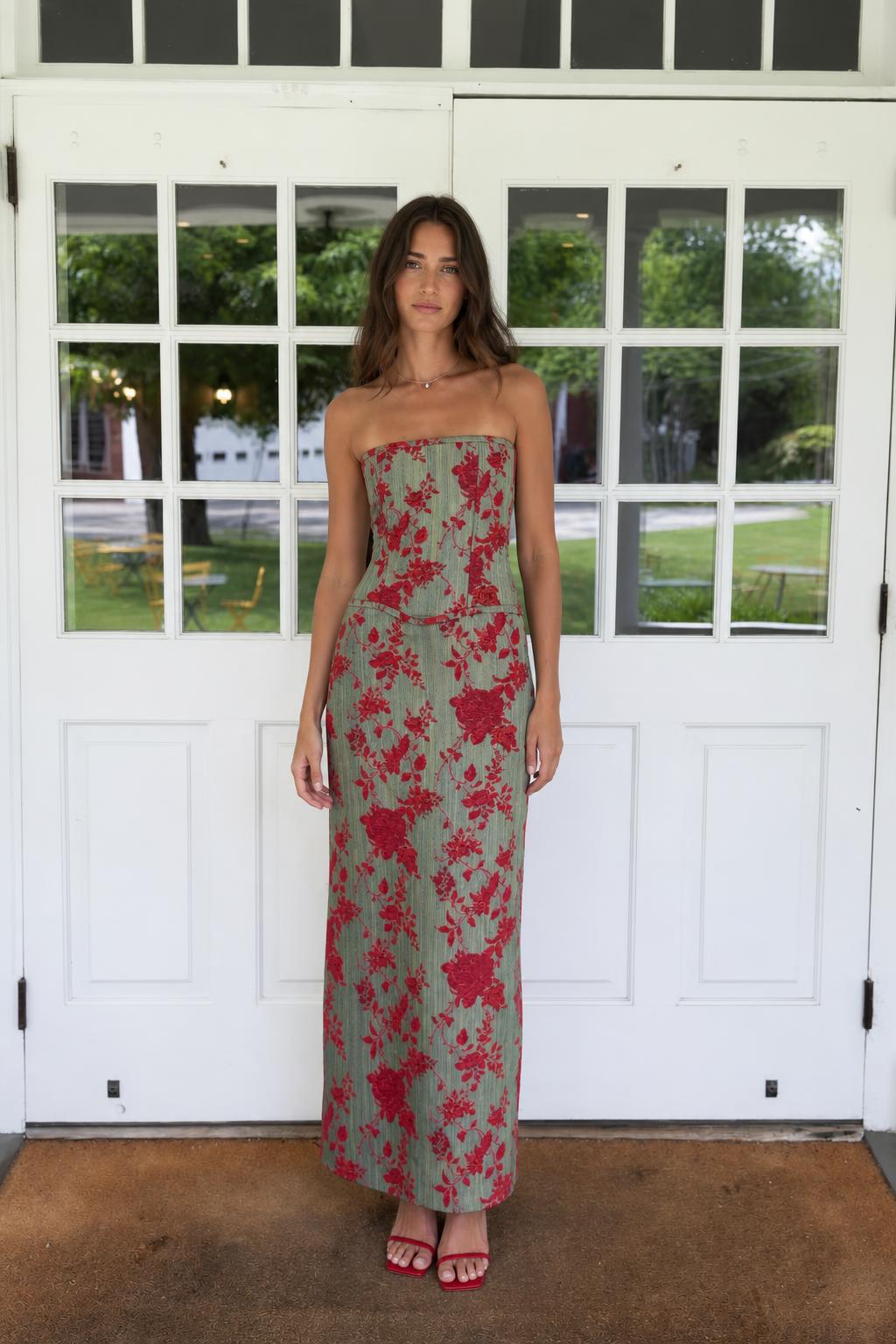 Floral Print Strapless Lace-Up Back Maxi Dress in Sage Green front view