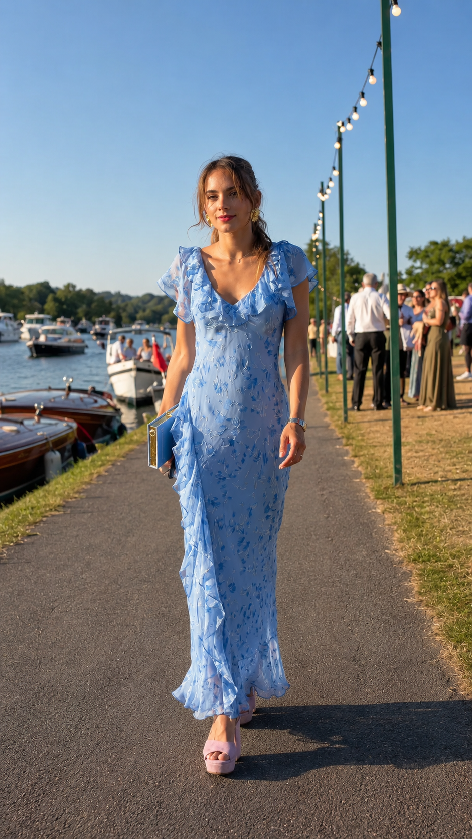 Front view of sky blue ruffle V-neck floral textured maxi dress with flutter sleeves