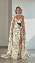 Front view of White Polka Dot Embellished Cape Evening Gown
