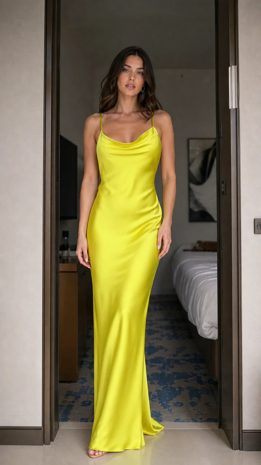 Model wearing bright yellow satin cowl neck maxi dress from the front