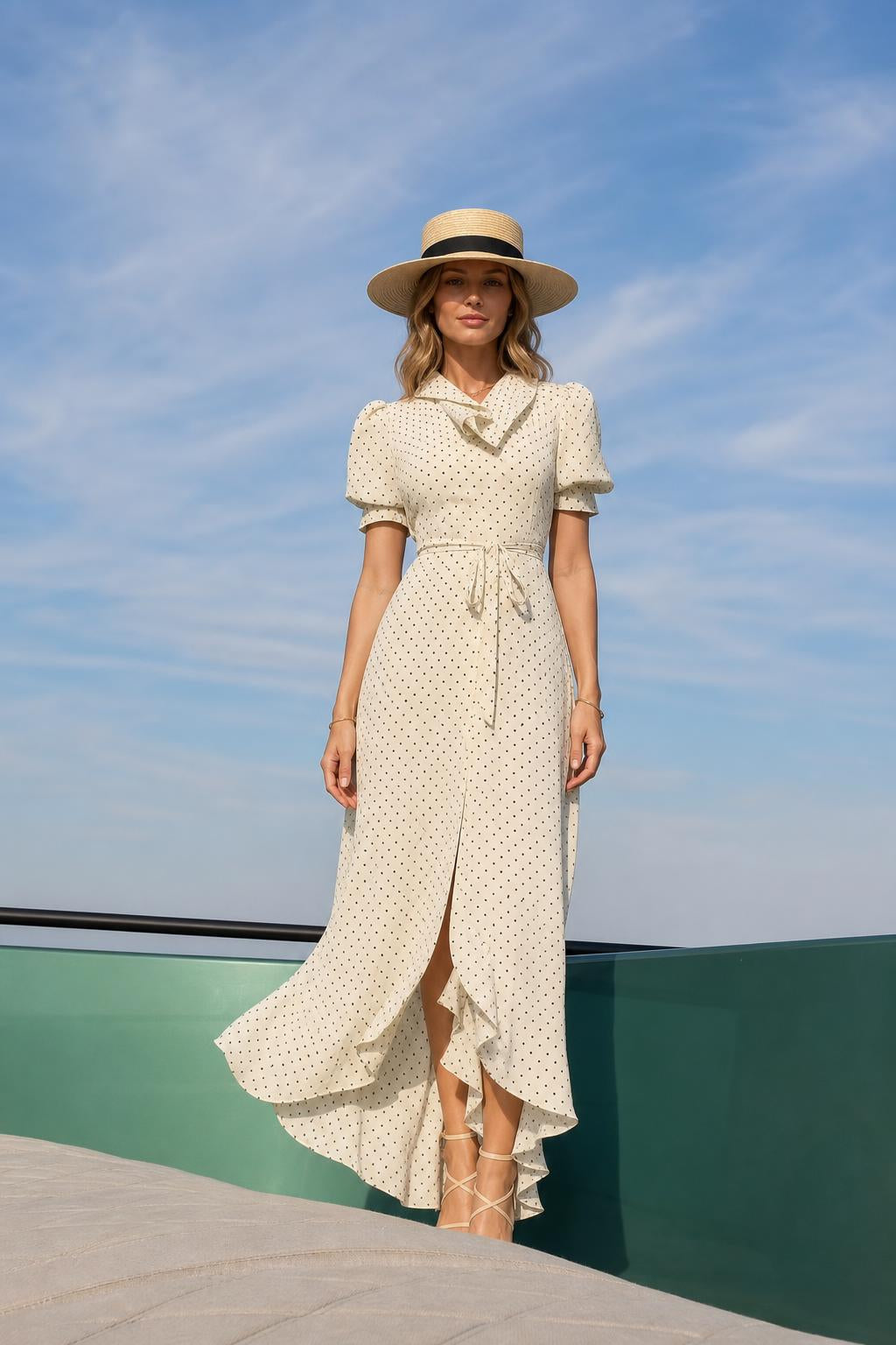 Front view of woman wearing cream polka dot maxi dress with hat