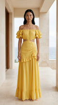 Front view of yellow off-shoulder ruffle maxi dress