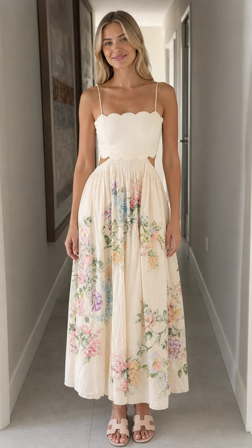 Woman wearing ivory floral cutout midi dress front view