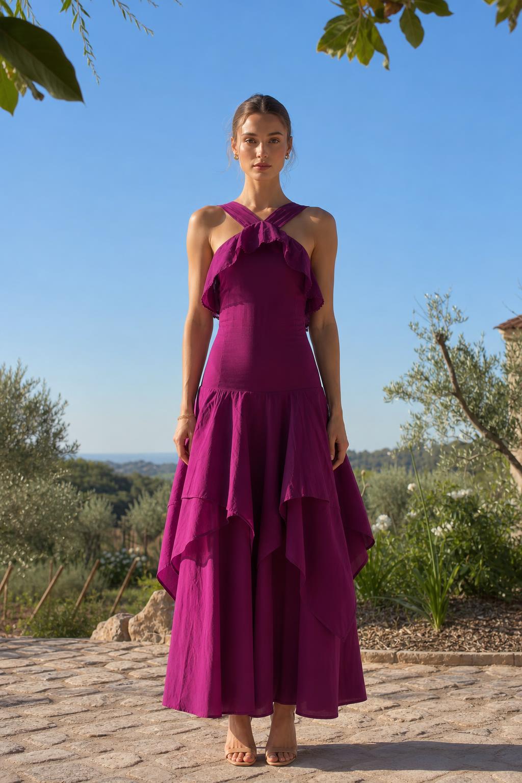 Front view of woman wearing fuchsia halter neck ruffled tiered maxi dress