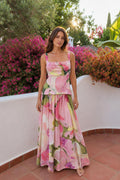 Front view of model wearing pink floral two-piece set