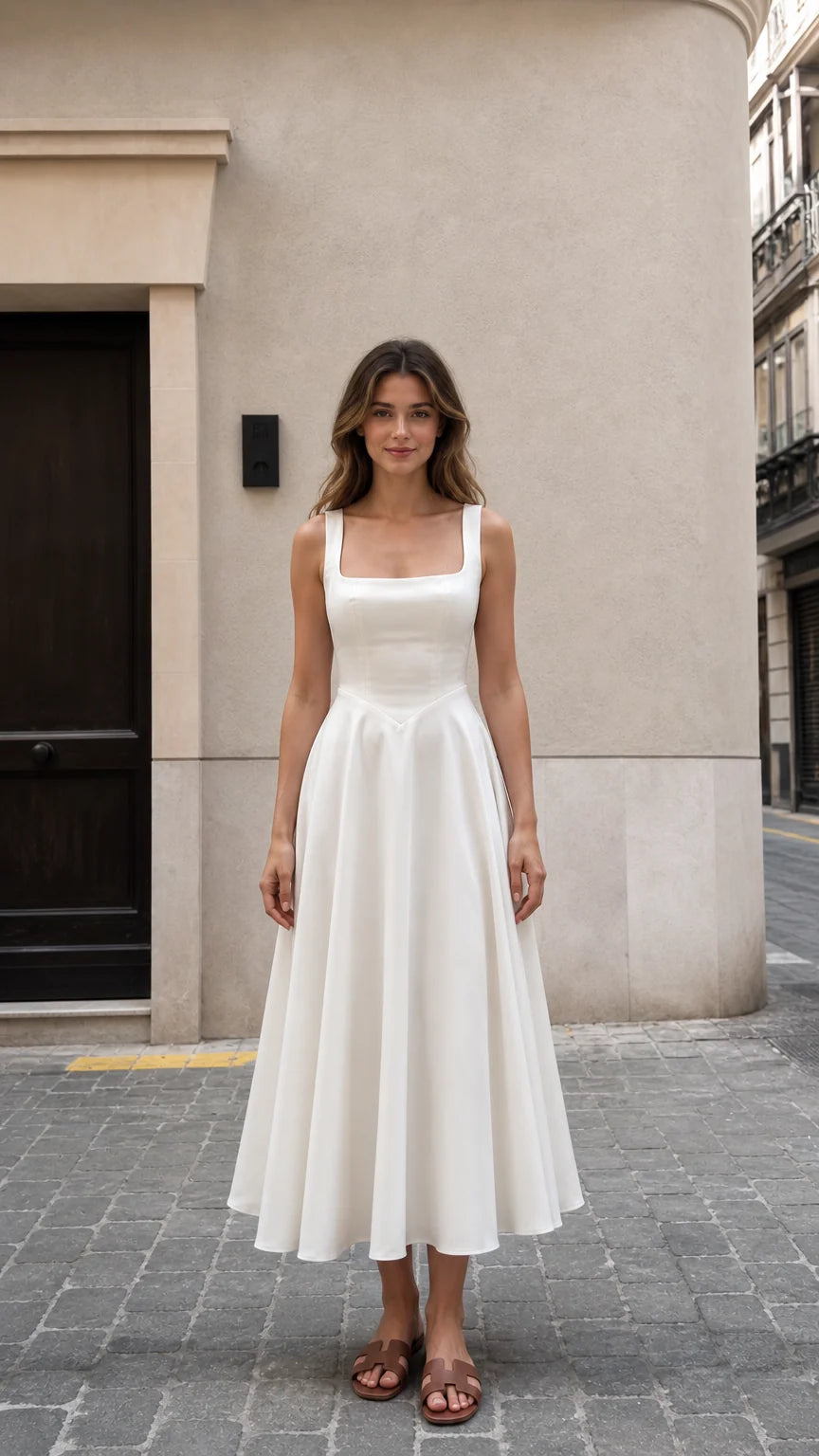 Front view of woman wearing white square neck midi dress