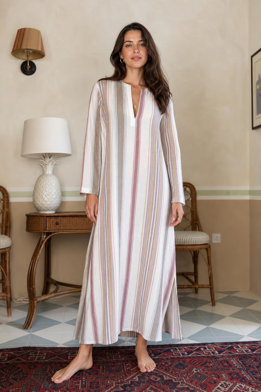 Front view of model wearing multi-stripe long sleeve maxi dress