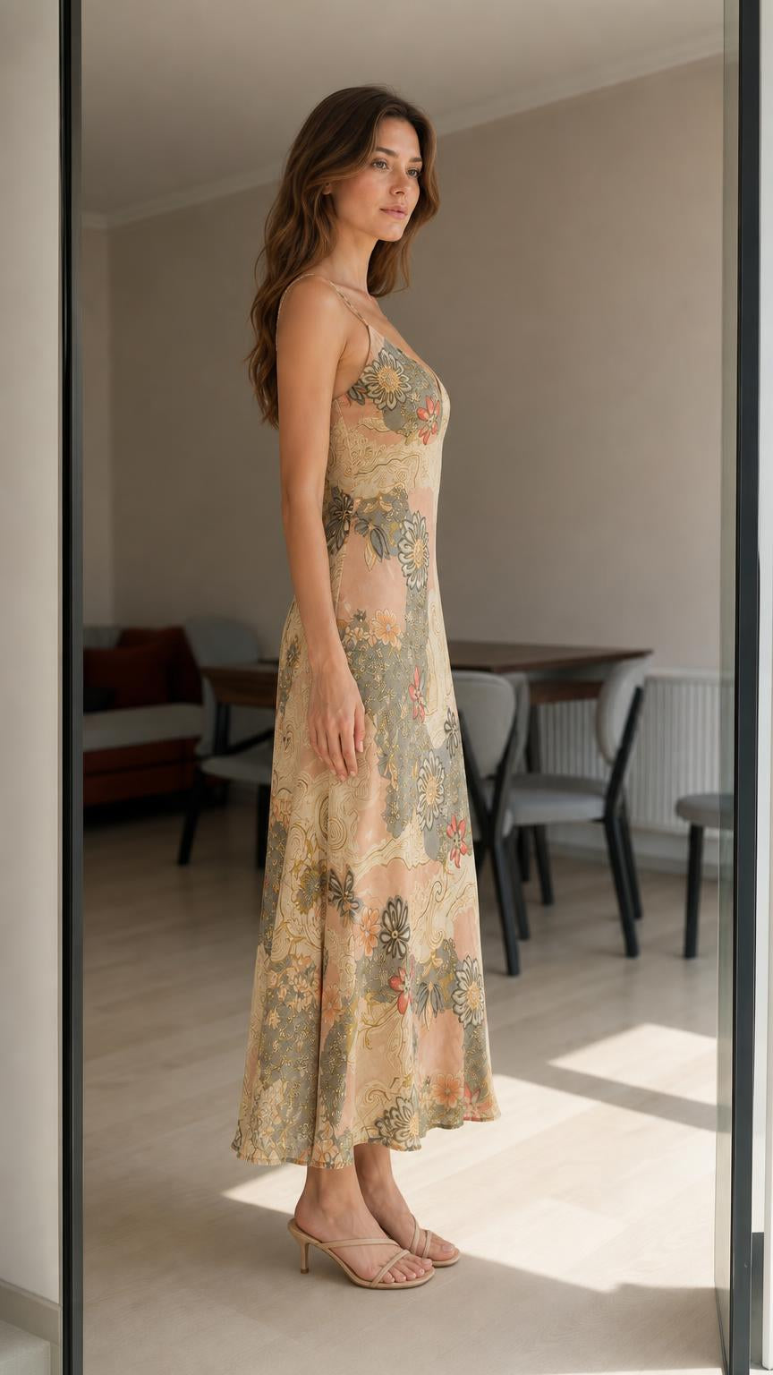 Side view of woman in beige floral slip dress with heels