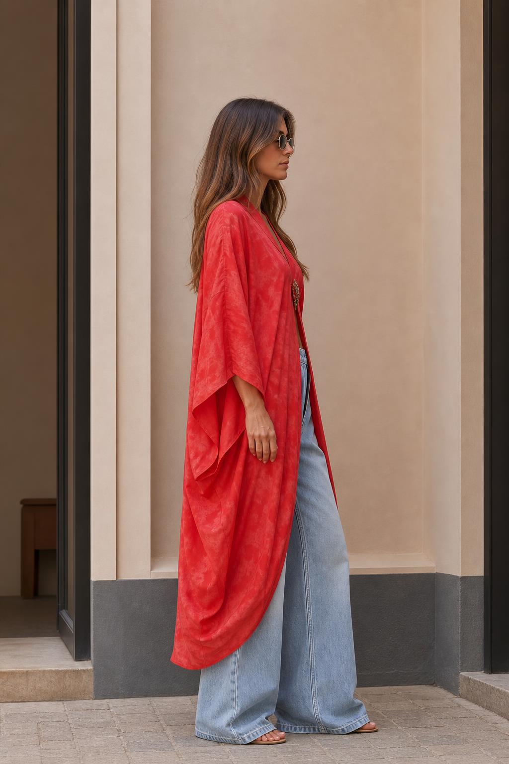 Side profile of model wearing red long kimono cardigan