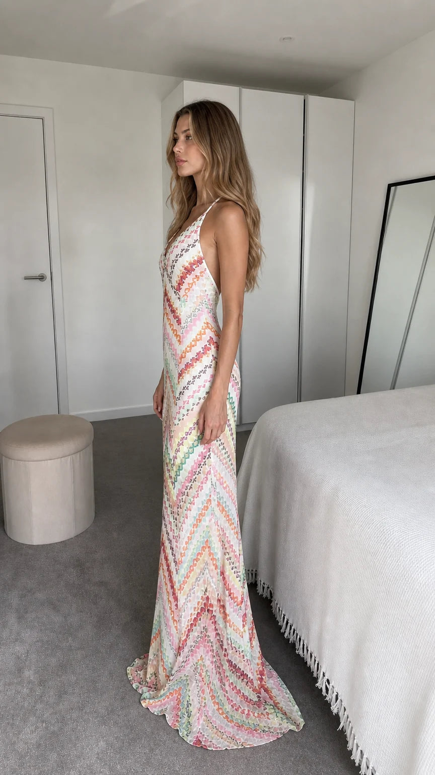 Side view of model wearing white chevron maxi dress