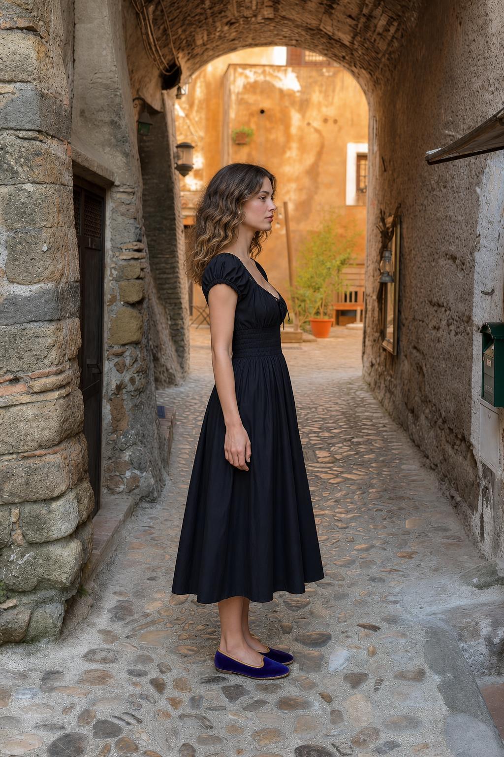 Side profile view of woman in black midi dress
