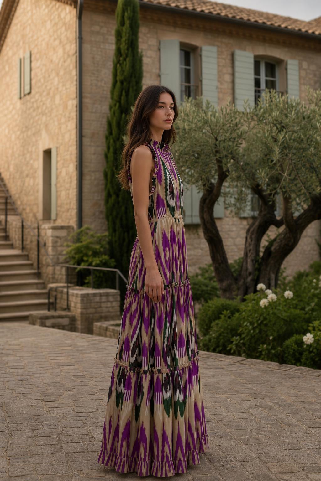 Side profile view of model in purple multi ikat print maxi dress