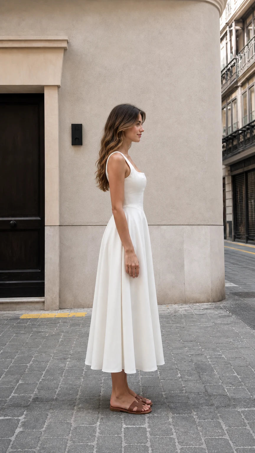 Side profile of woman wearing white midi dress