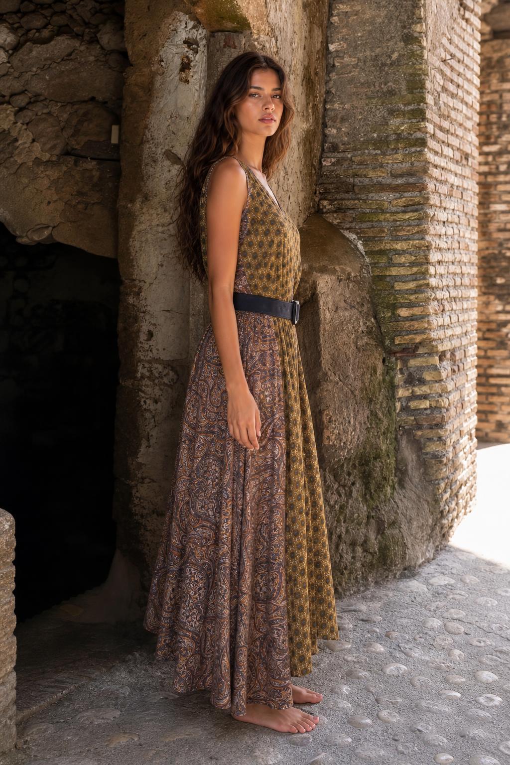 Side profile view of woman in mustard printed maxi dress