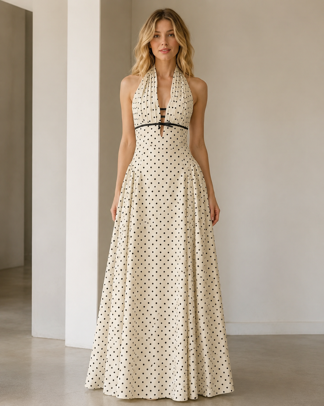 Front view of cream polka dot halter maxi dress with contrast trim