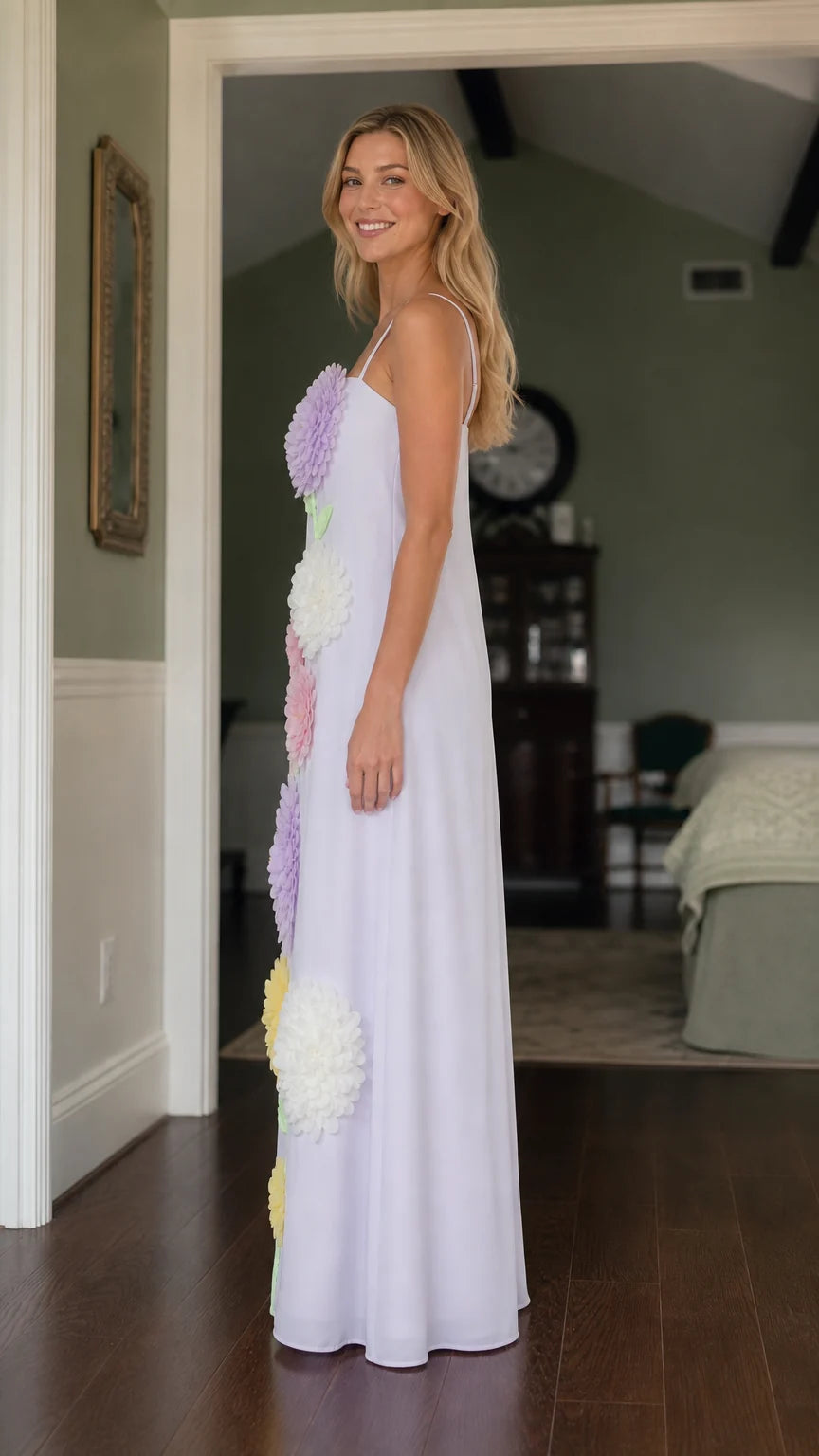 Side profile of model in Lilac floral maxi dress