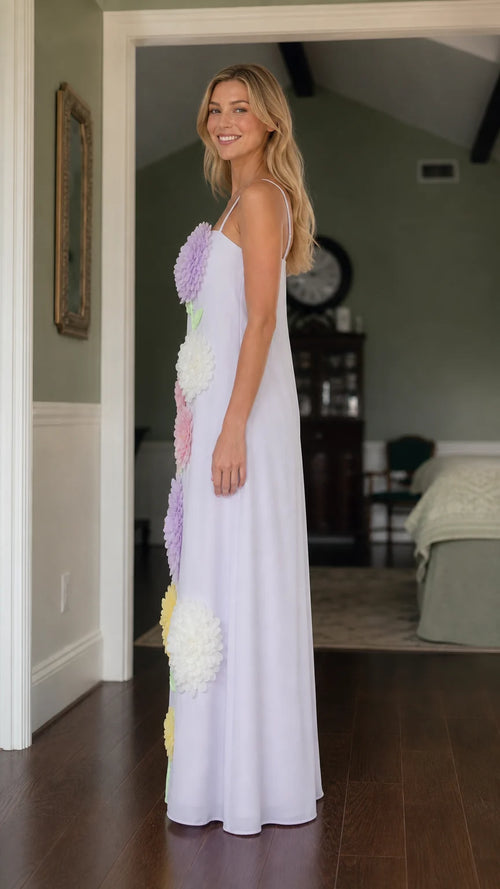 Side profile of model in Lilac floral maxi dress