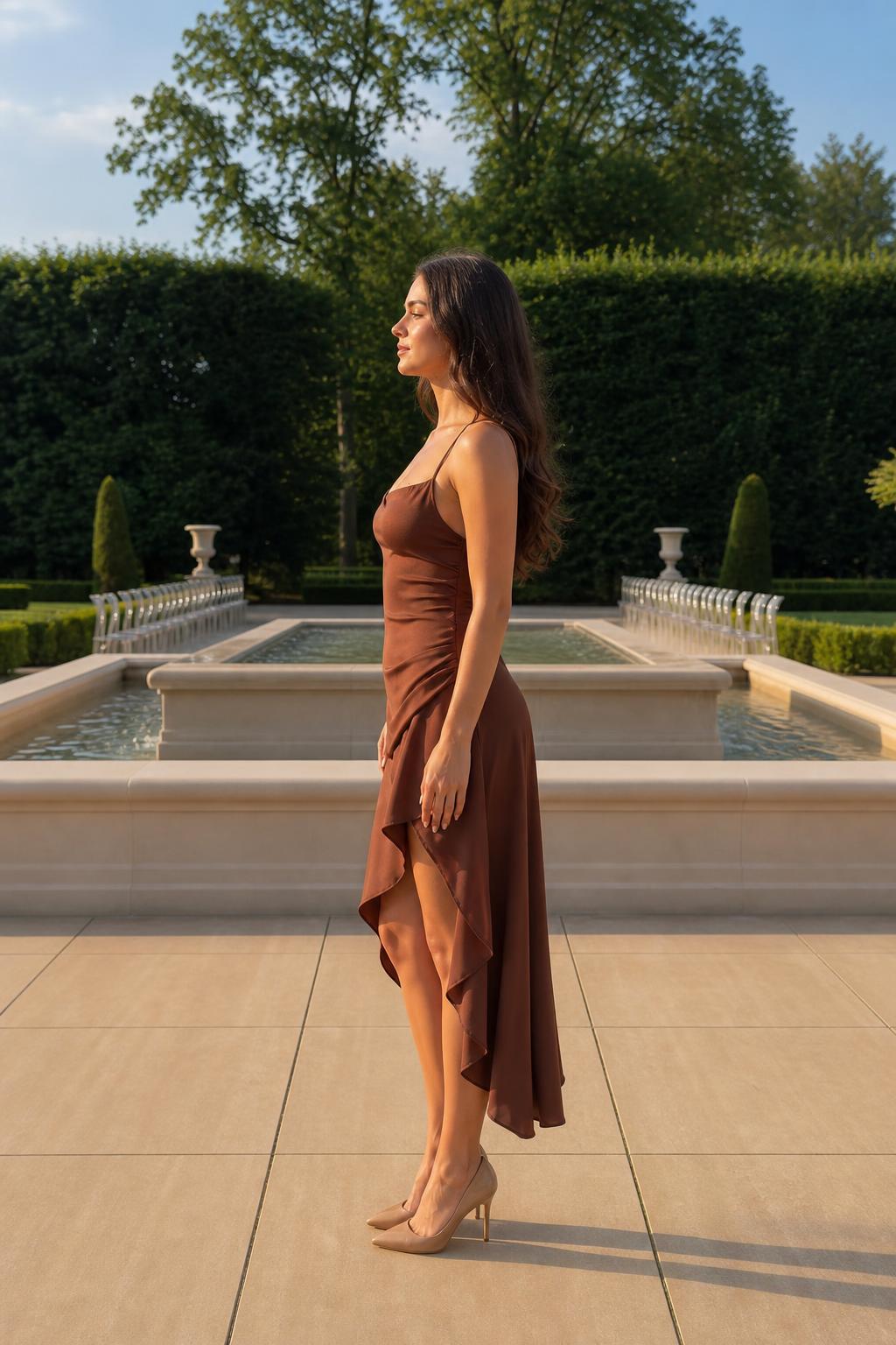 Side profile view of brown satin slip dress