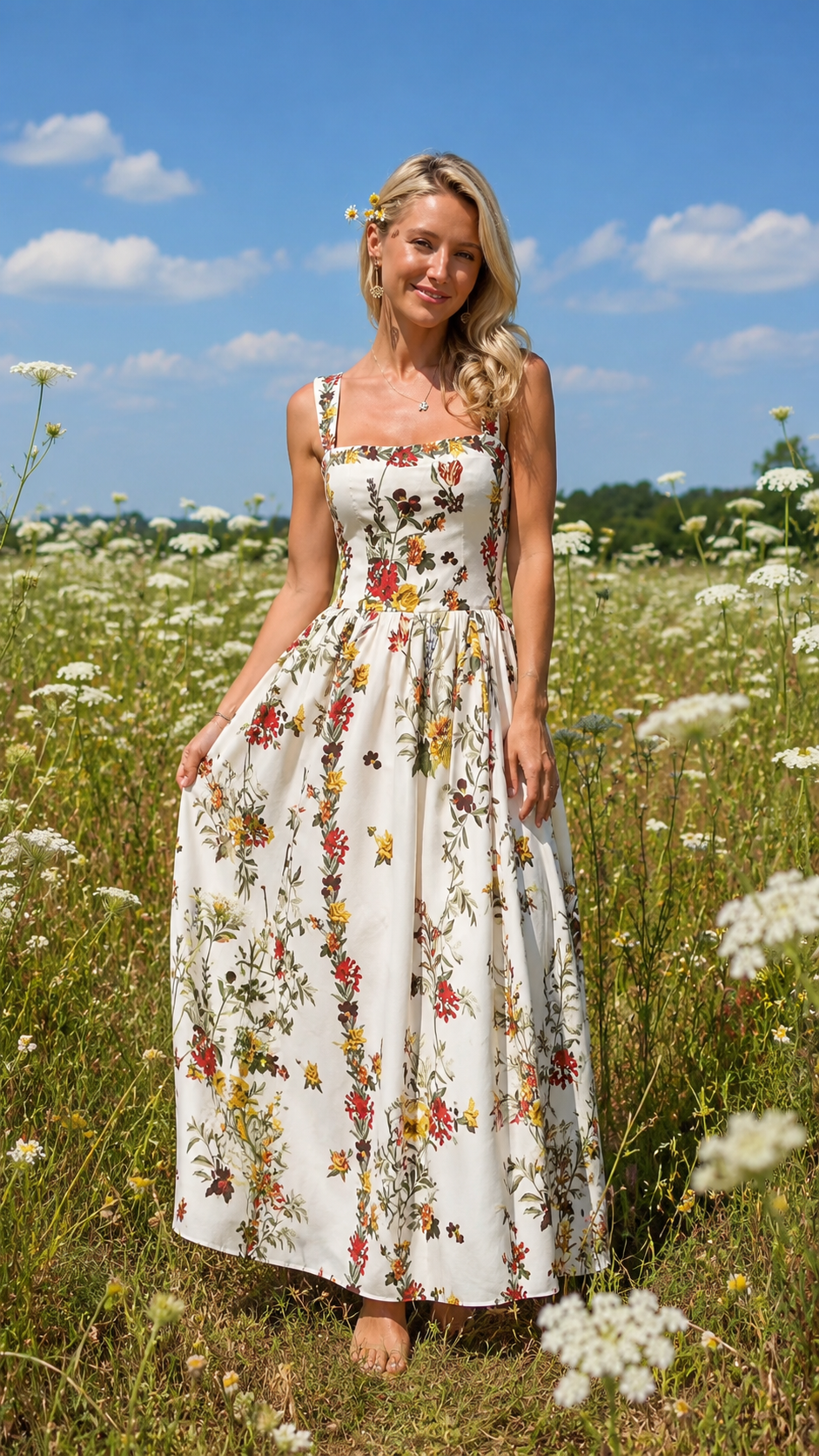 White floral square neck sleeveless maxi dress front view