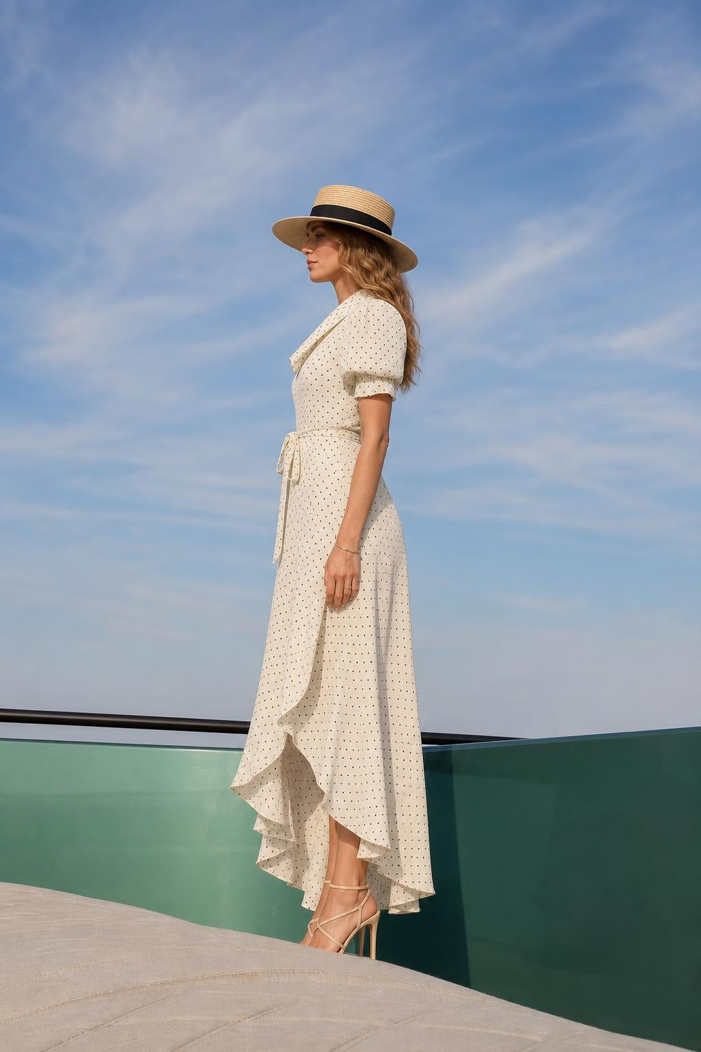 Side view of cream polka dot maxi dress showing asymmetrical hem