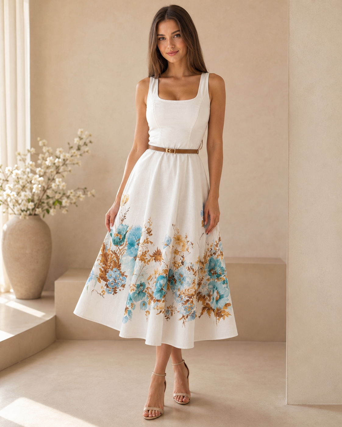Front view of a white sleeveless floral midi dress with blue and gold toned flower print and belt