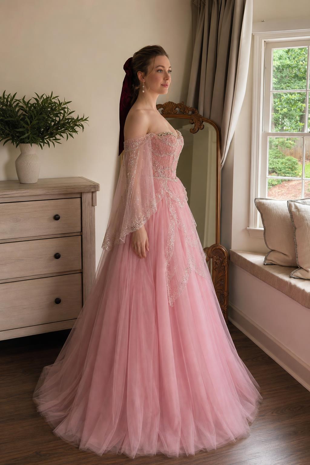 Pink ball gown side profile showcasing silhouette